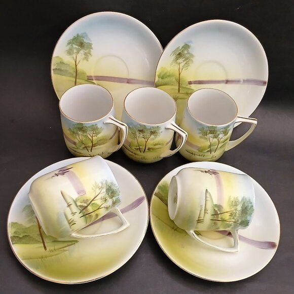 Antique Nippon Cups and Saucers Set: Hand-Painted Japanese Porcelain Landscape - Picture 1 of 9
